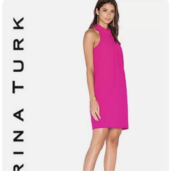 Trina Turk Cut Away Trapeze Dress
W/ Ruffle Neck In Magenta w pockets! - Picture 3 of 16